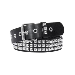 Cinturón Casual Negro de Cuero Vacuno con Tachuelas Estilo Punk, Hebilla de Aleación, Remaches Piramidales y Cadena de Diseño Cuadrado para Hombre y Mujer - Product Image 2