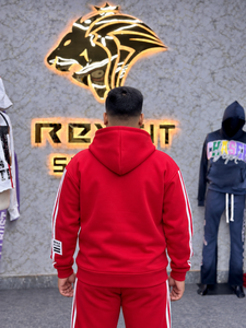 Men's Oversized <b>Red</b> Zip-Up <b>Hoodie</b> Cotton French Terry Hooded Sweatshirt with Front Logo Print Hip Hop Style - Product Image 2