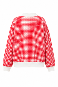 เสื้อสเวตเตอร์คอกลมลายตารางสีแดงปักตัวอักษร KC ผู้หญิงลำลองแขนยาวสวมใส่ในฤดูใบไม้ร่วง - Product Image 4