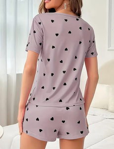 Women 2 Piece Set Heart Print Short Sleeve Top With Shorts Casual Loose Fit Spring Summer Wear - Product Image 3