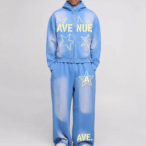 Chándal Azul con Capucha Avenue, Cierre Completo, Algodón, Estilo Urbano, con Estampado de Estrellas y Logotipo, Unisex, para Adultos, Ropa de Otoño - Product Image 1