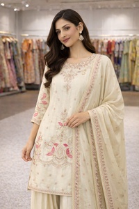 Elegant Designer Heavy Chinon Silk <b>Kurta</b> Palazzo & Dupatta Set Latest Ethnic Outfit for <b>Women</b> Wedding Festive Wear Suit Set - Product Image 4