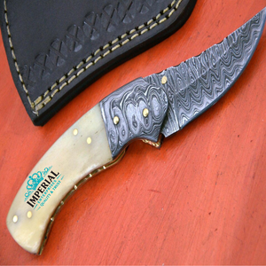 Cuchillo de Caza Imperial de Acero de Damasco, Hoja de Punta Caída, Mango de Marfil con Funda de Cuero - Product Image 1