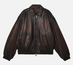 Chaqueta de moto de cuero genuino negra para hombre, cuello alto, cierre de cremallera, corte ajustado, manga regular, estilo invierno, bloques de color frontales - Product Image 5