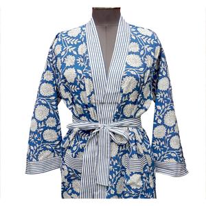 Magnifique Robe Kimono pour Femme, Artisanat en Blocs de Bois d'Inde, Motif Floral, Respirante, Longue, Col en V, 100% Coton, Manches Longues, Ceinture, Séchage Rapide - Product Image 3