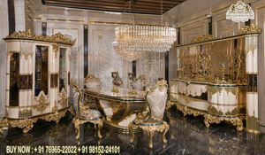 Ensemble de table à manger italienne antique en or 8 places, design luxueux, meubles de salle à manger, table à manger et chaises royales sculptées à la main - Product Image 5