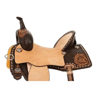 Sillín de caballo estilo Western de cuero marrón, acabado rugoso, asiento rígido, trenzado de cuero crudo, herrajes de acero inoxidable, de 10 a 18 pulgadas - Product Image 2