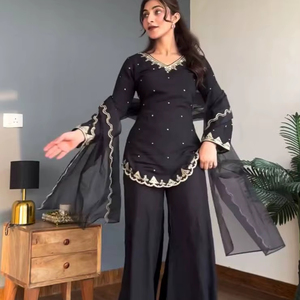 ชุดเซ็ตคุर्ติ ชาราร่า การาร่า ปักเลื่อมอินเดีย แบรนด์ Ramdev Trading PinkCityBlocks ผ้าแห้งเร็วทันสมัย สำหรับโอกาสพิเศษของผู้หญิง - Product Image 1