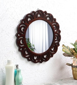 Urban Store Scandinavian Design Glass Wall <b>Mirror</b> Beveled Edge Walnut Color 16x16 Inch Handcrafted Floral Carving for Bathroom - Product Image 4