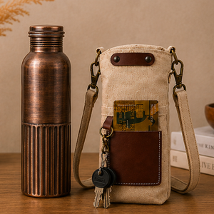 Bouteille d'eau de luxe en cuivre pur antique foncé avec motif linéaire – Gourde de voyage portable au design traditionnel - Product Image 2