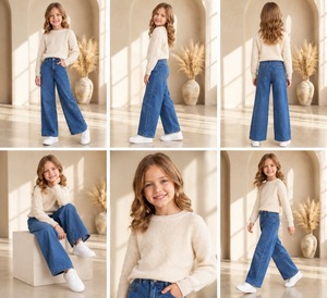 Jeans unisexes pour enfants à jambes larges, bleu foncé, tissu denim durable, coupe confortable, style décontracté tendance, disponible à la vente - Product Image 6