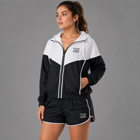 Ensemble de survêtement pour femme rose et blanc à blocs de couleur, respirant, en polyester/coton, avec short et veste, deux pièces, pour l'hiver