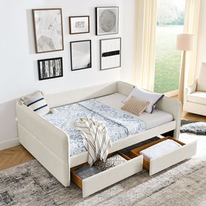 Divano letto imbottito trapuntato Queen Size con letto estraibile 88"x65.5"x29.5" in tessuto bouclé beige, con due cassetti - Product Image 1