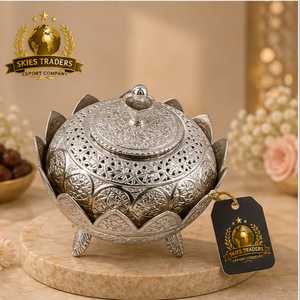 Silver Lotus Shaped Bowl With Pierced Lid Luxury Metal Serving Dish Tableware Nut <b>Container</b> <b>Sweet</b> Box Centerpiece Candy Pot - Product Image 1