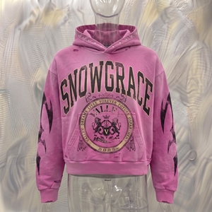 Snowgrace Oversized Crop <b>Hoodie</b> <b>Pink</b> French Terry Unisex Streetwear Print Rhinestone Back Logo Autumn Style - Product Image 3