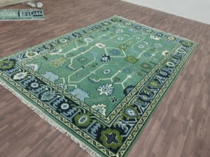 Alfombra Abstracta de Lana Anudada a Mano Estilo Oushak |   Alfombra Decorativa Grande para Sala de Estar, Hecha a Mano, Estilo Vintage, Color Verde Pastel - Product Image 5