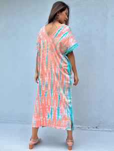 Robe Kaftan Tie-Dye Orange et Vert, Caftan Marocain, Robe T-shirt de Salon - Product Image 4