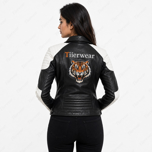 Veste moto en cuir véritable pour femme Tlierwear, noir et blanc contrasté, fermeture éclair sur le devant, col rabattu, manches longues, style automne - Product Image 5