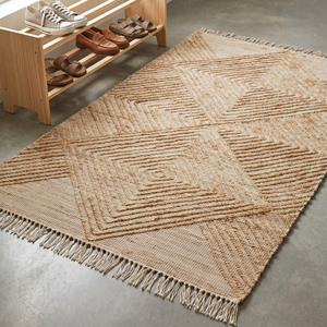 Strukturierter Handgewebter Natürlicher Jute-Teppich Moderner Rutschfester Beiger Geometrischer Diamantmuster Flachgewebter Teppich mit Fransenkanten für Wohnzimmer - Product Image 4