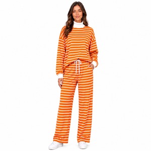Conjunto de Dos Piezas para Mujer, Sudadera de Cuello Alto a Rayas, Pantalones Anchos Casuales, Ropa Cómoda para Estar en Casa - Product Image 2