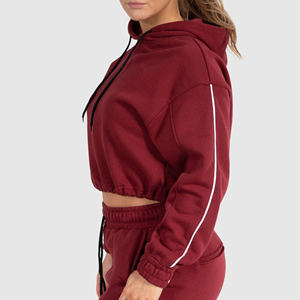 Women's <b>Red</b> <b>Cropped</b> Hoodie Fleece Solid Color Casual Hooded Sweatshirt Long Sleeve Drawstring <b>Top</b> - Product Image 4