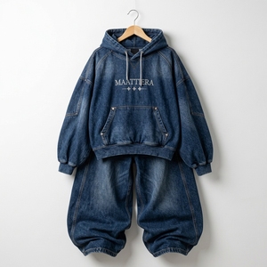<b>Womens</b> Dark Blue Washed Denim Hoodie And <b>Baggy</b> Wide Leg <b>Jeans</b> Set Oversized Drawstring Sweatshirt Casual Streetwear Custom - Product Image 5