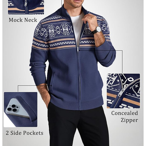 Cárdigan de punto con cremallera para hombre, suéter de invierno de manga larga con estampado geométrico, azul marino - Product Image 3