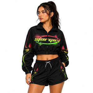 Wholesale Nylon Color-Block Short <b>Set</b> for Custom Logo in <b>Waterproof</b> Fabric High Quality Women Two Piece Windbreaker <b>Set</b> Hoodies - Product Image 1