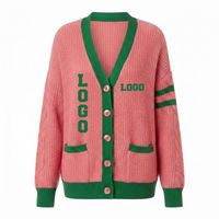 Cardigans de sororité personnalisés à col en V, manches longues, roses et verts unis, brodés du logo, tricotés, décontractés, boutonnés, écologiques