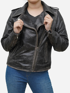 Chaqueta de Motociclista para Mujer, de Cuero Genuino Negro Envejecido, Impermeable y Transpirable, Estilo Vintage, Talla Grande, para Primavera - Product Image 4