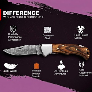Cuchillo Plegable Artesanal de Damasco para Exteriores, Camping y Supervivencia, con Mango de Madera, Funda de Cuero y Hoja de Cambio Rápido de 7 Pulgadas - Product Image 4