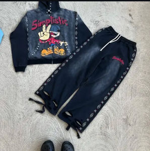 Ensemble de survêtement streetwear pour homme, effet vieilli, délavé à l'acide et effet soleil, 100% coton, comprenant un sweat à capuche zippé et un pantalon de survêtement, orné de strass, coupe ample, hiver - Product Image 2