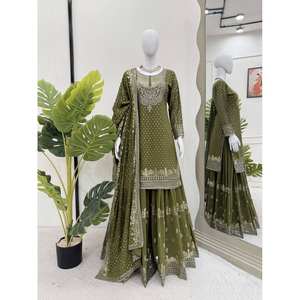 Conjunto de traje de fiesta de diseñador para mujer con hilo y trabajo de secuencia Ropa de noche elegante - Product Image 4