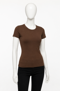 T-shirt marron à col rond pour femme, coupe ajustée, manches courtes, couleur unie, style vintage, décontracté, tissu tricoté, 100% coton, été - Product Image 4