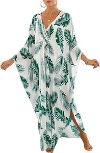 Tropical Print V Neck Maxi Dress Loose Batwing Sleeve Chiffon Wrap Front Summer Beachwear Women's Boho Long Dress - Product Image 6