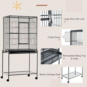 Gabbia per Uccelli in Metallo con Ruote da 30 Pollici, Supporto Rimovibile, Ripiano Portaoggetti, Posatoio in Legno e Contenitore per Cibo, per Uccelli di Taglia Media - Product Image 6