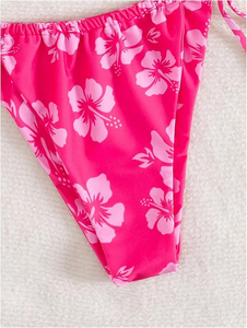 Women's Pink Floral Bikini Set <b>Crossed</b> Halter <b>Top</b> Tie Side Bottom Spandex Polyester Swimwear Two Piece Stretch Fit - Product Image 3