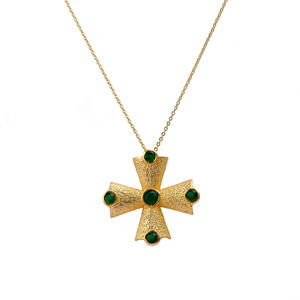 Natural Multi Green Onyx Gemstone Texture Pendant Necklace - Gold Plated <b>Cross</b> Adjustable <b>Chain</b> Jewelry For Her - Product Image 1