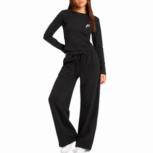 Sweat-shirt en coton tricoté noir à manches longues pour femme avec logo frontal, col rond, haut décontracté, couleur unie, respirant, pour l'automne - Product Image 1