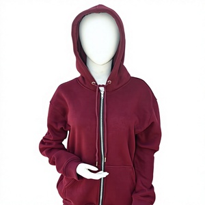 Sweat-shirt à capuche zippé pour femme, couleur bordeaux, effet délavé, broderie, coupe classique, manches longues, couleur unie, 100% coton biologique, hiver - Product Image 1