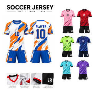 Tenue de football personnalisée, bleu orange, imprimé géométrique, sublimation, évacuation de l'humidité, manches courtes, coupe athlétique unisexe adulte - Product Image 3