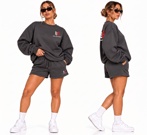 Ensemble survêtement gris oversize pour femme, col rond, coupe ample, deux pièces, avec cordon de serrage et poches latérales - Product Image 1