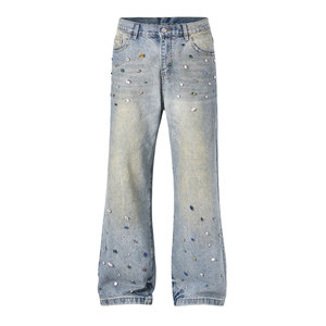 Pantalon évasé pour homme, couleur unie, orné de strass, coupe droite, léger, décontracté, taille mi-haute, pour l'extérieur, best-seller - Product Image 1
