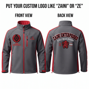 320 GSM Premium Polyester Softshell <b>Jacket</b> Grey Red Contrast Panel Custom Embroidery Logo <b>Fleece</b> <b>Lined</b> - Product Image 1