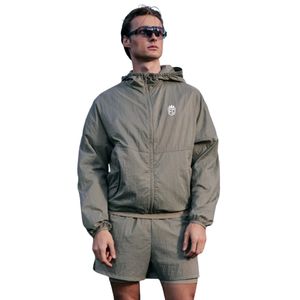 Conjunto de Chaqueta Cortavientos Translúcida y Pantalones Cortos para Hombre, Chaqueta Ligera con Capucha y Cintura Elástica, Conjunto Deportivo para Exteriores en Color Oliva - Product Image 5