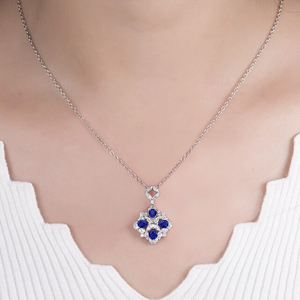<b>Flower</b> Shape Sapphire Pendant Necklace Women's 925 Silver Rhodium Plated Round Brilliant Cut Diamonds <b>Box</b> Chain Luxury Style - Product Image 3