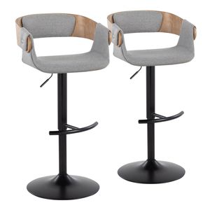 Elisa Mid Century Modern Adjustable Barstool with Swivel Black Metal and Whitewashed Wood Grey Fabric Rounded T <b>Footrest</b> - Product Image 1