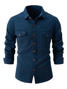 European size <b>denim</b> <b>shirt</b> <b>men's</b> casual solid color double pocket <b>men's</b> long sleeve washed elastic cotton fashion new business - Product Image 4