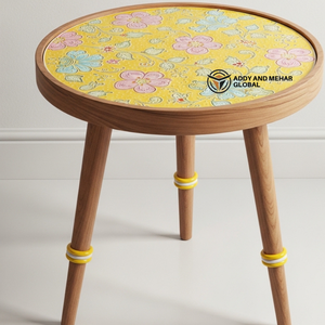 Yellow Meena Floral Design Round Wooden Side <b>Table</b> – Handcrafted Decorative Accent <b>Table</b> for Living Room & Bedroom - Product Image 5