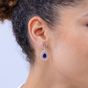 Natural Blue Sapphire Diamond Teardrop <b>Earrings</b> 14Kt White Gold Pear Gemstone Halo Drop Dangle <b>Earrings</b> Wholesale - Product Image 3